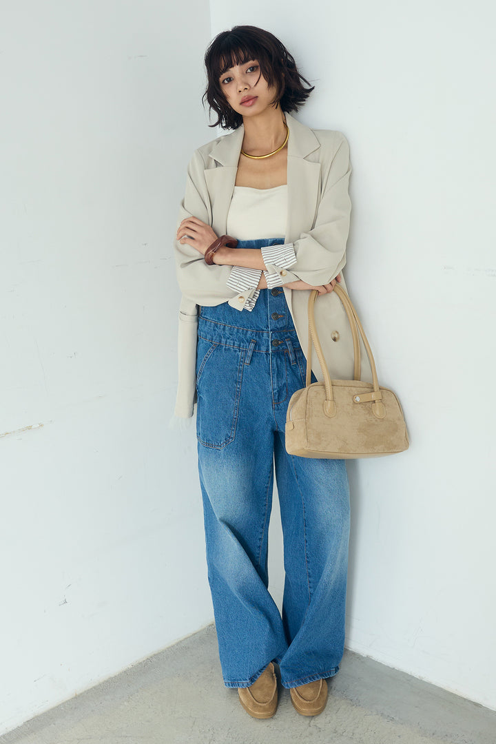 [SET]裾フリルダブルジャケット+デニムサロペットワイドパンツ(2set)