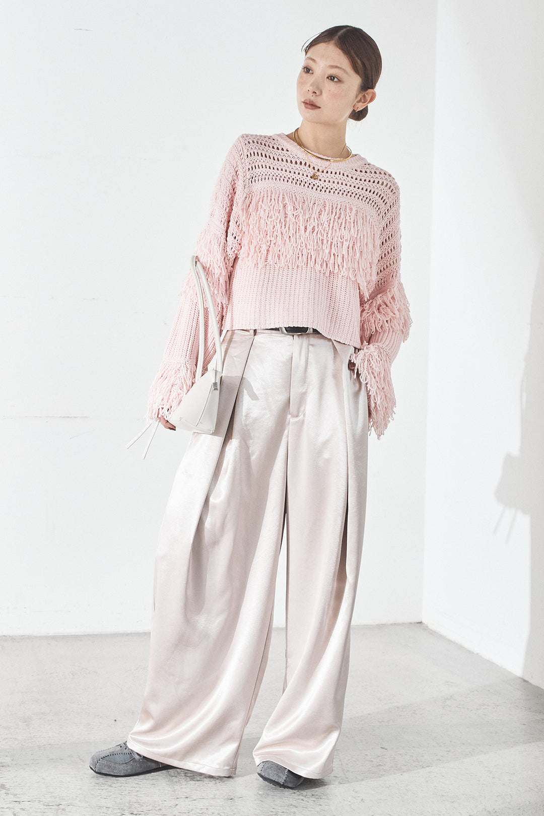 [SET]メッシュフリンジ切り替えプルオーバー+サテンタックワイドパンツ(2set)