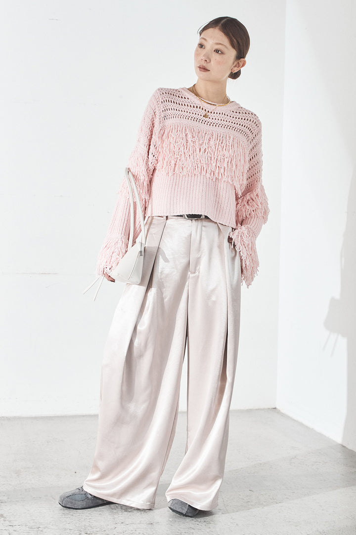 [SET]メッシュフリンジ切り替えプルオーバー+サテンタックワイドパンツ(2set)