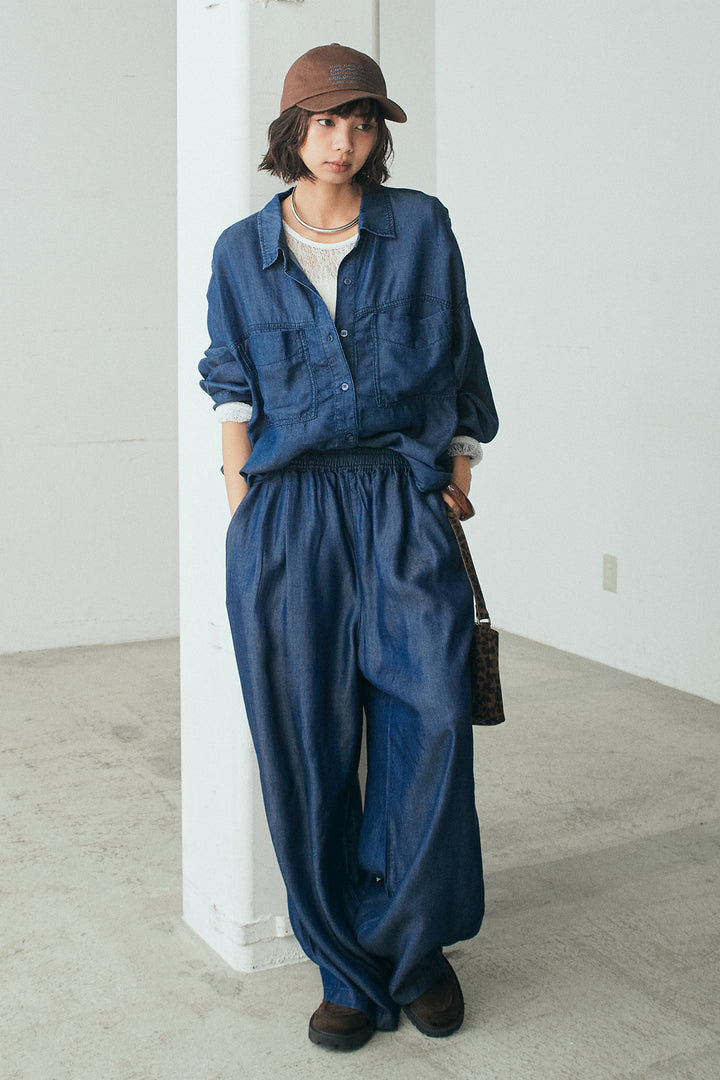 [SET]テンセルデニムシャツ+テンセルデニムイージーワイドパンツ+ストレッチレースクルーネックインナー(3set)