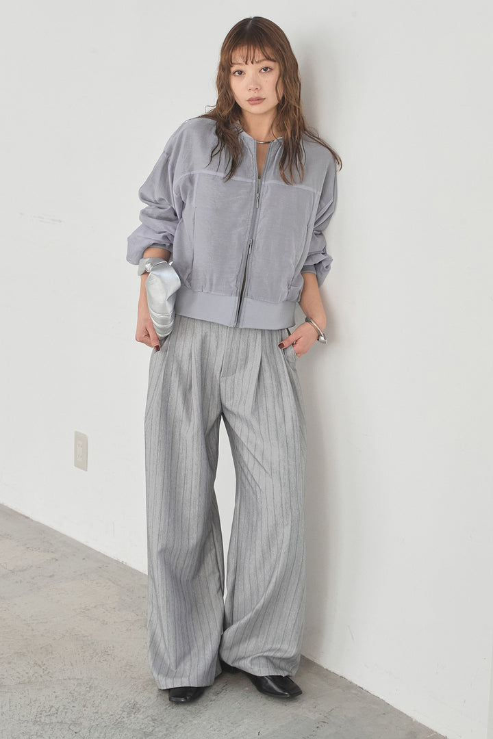 [SET]シアー×ポンチブルゾン+細ベルト付きピンストライプワイドパンツ(2set)