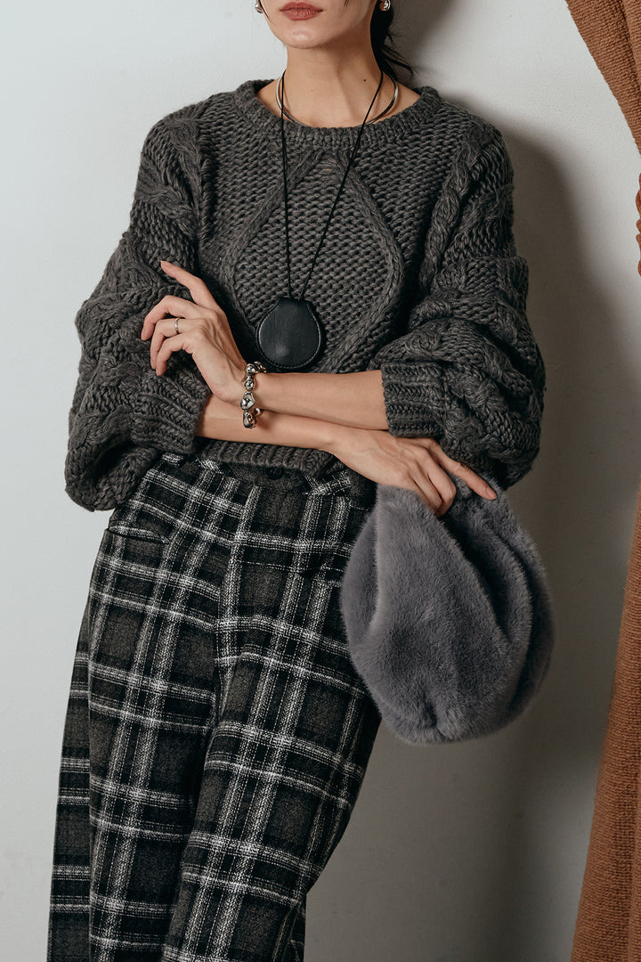 [SET]ロービングケーブルショート丈プルオーバー+ルーズタータンチェックワイドパンツ(2set)