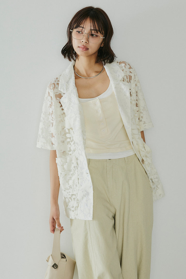 [SET]シアージャガードハーフスリーブテーラードジャケット+サイドベルトカーブワイドパンツ(2set)