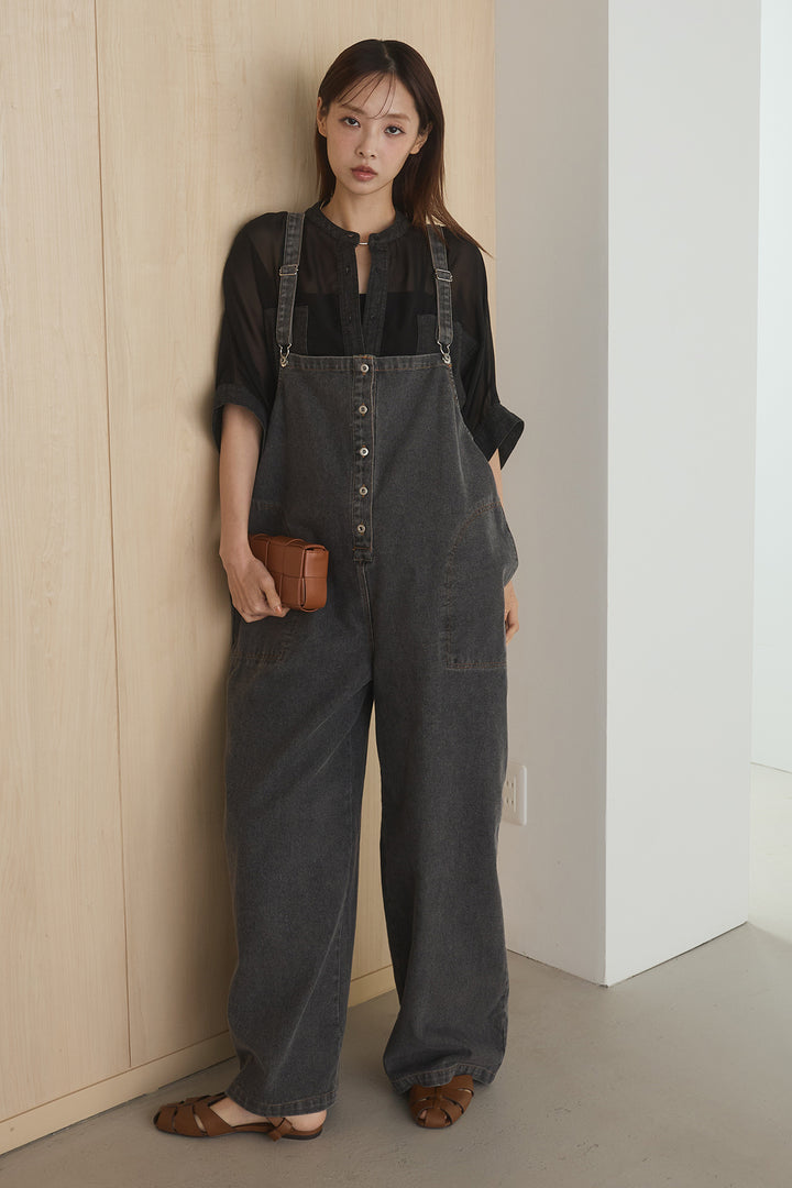 [SET]デニムライクビッグツーポケシアーシャツ+フロントボタンデニムサロペット(2set)