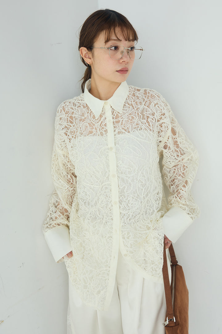 [SET]刺繍レースオーバーサイズシャツ+サテンレース切り替えタックパンツ(2set)