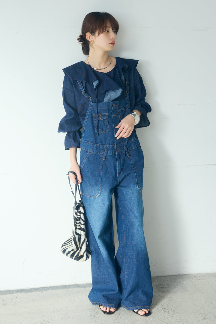 [SET]デニムフリルブラウス+デニムサロペットワイドパンツ(2set)