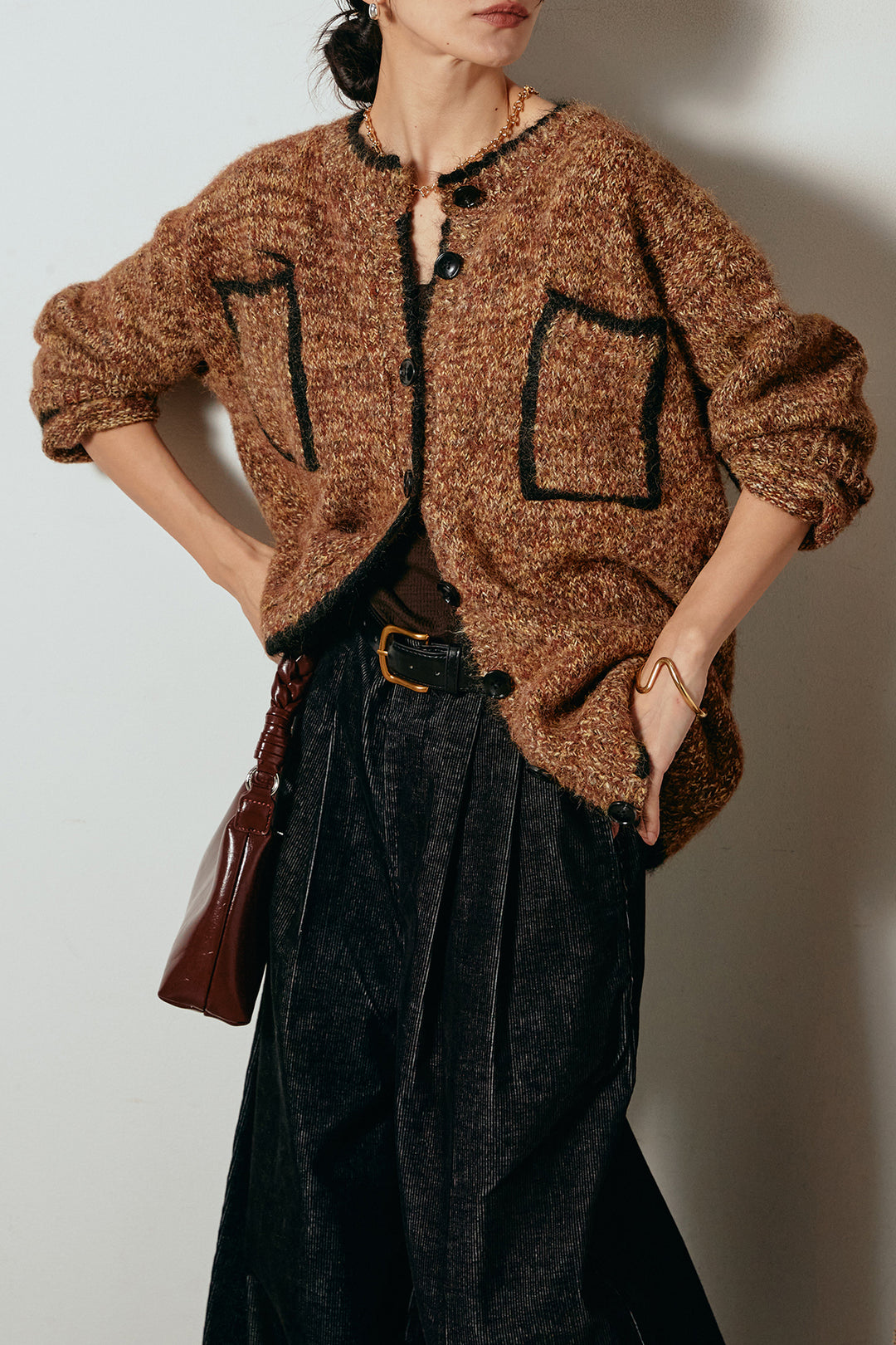 [SET]ミックスニットポケットカーディガン+フロントタック入りコーデュロイパンツ(2set)