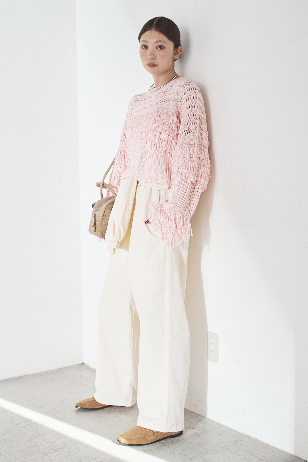 [SET]メッシュフリンジ切り替えプルオーバー+合繊ツイルスタンドウエスト巻きジョガーパンツ(2set)