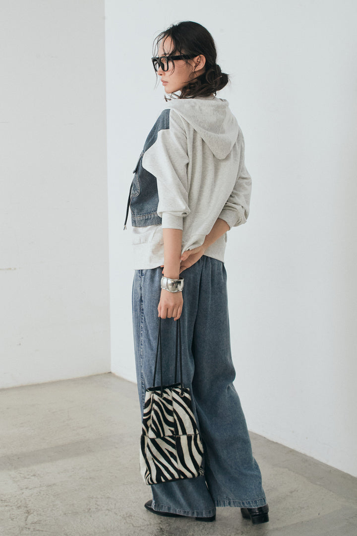 [SET]デニム切替ポンチダブルジップパーカー+テンセルデニムイージーワイドパンツ(2set)