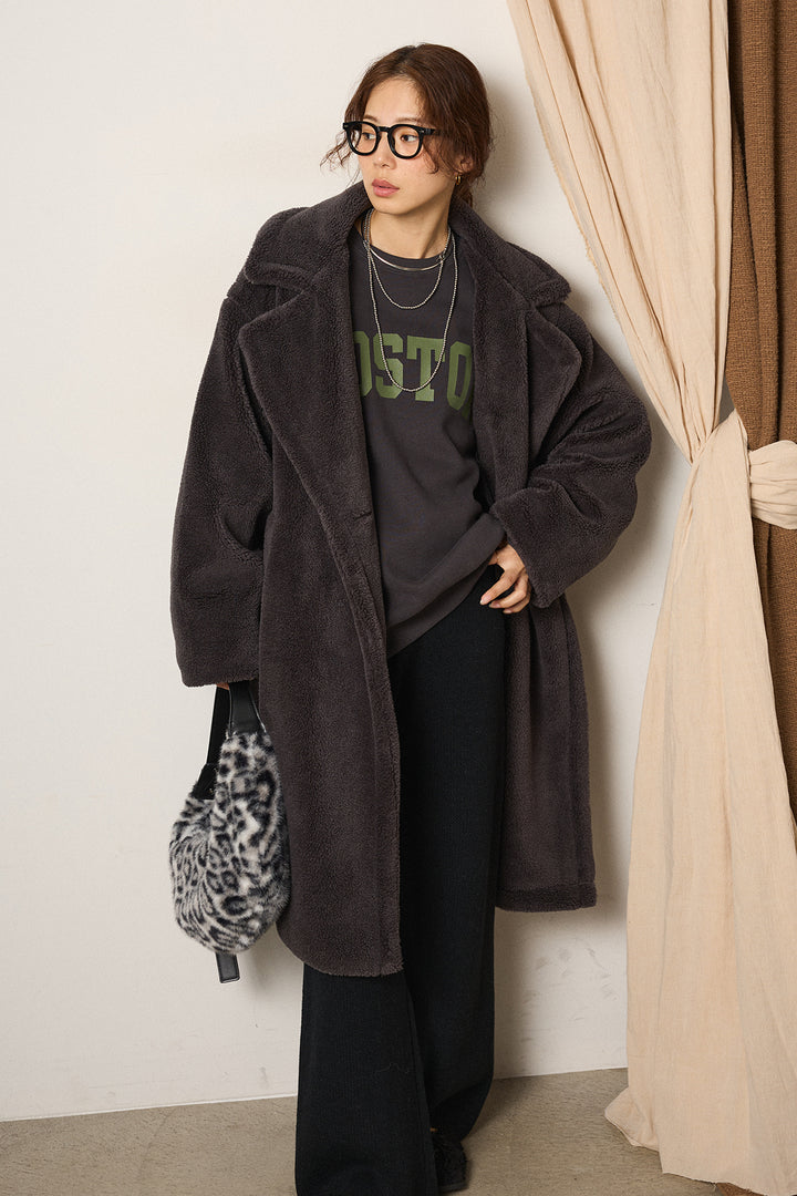 [SET]テディボアロングコート+ロゴデザインルーズスウェット+ワイドリブニットイージーパンツ(3set)