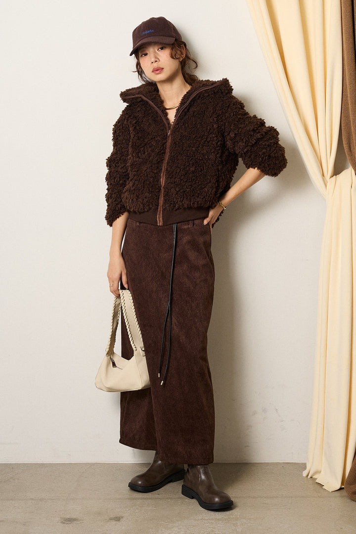 [SET]スタンドカラー裾リブボアブルゾン+ロープベルト付きスウェード調スカート(2set)