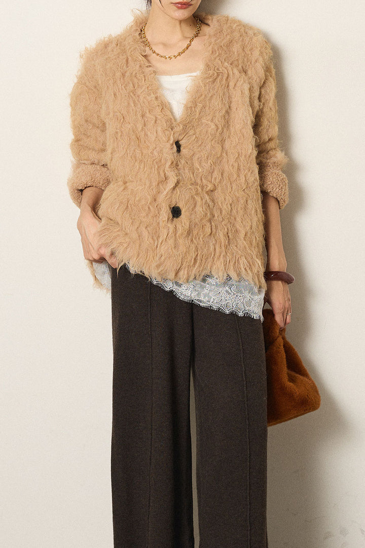 [SET]起毛シャギーニットカーディガン+レース切り替えキャミソール(2set)