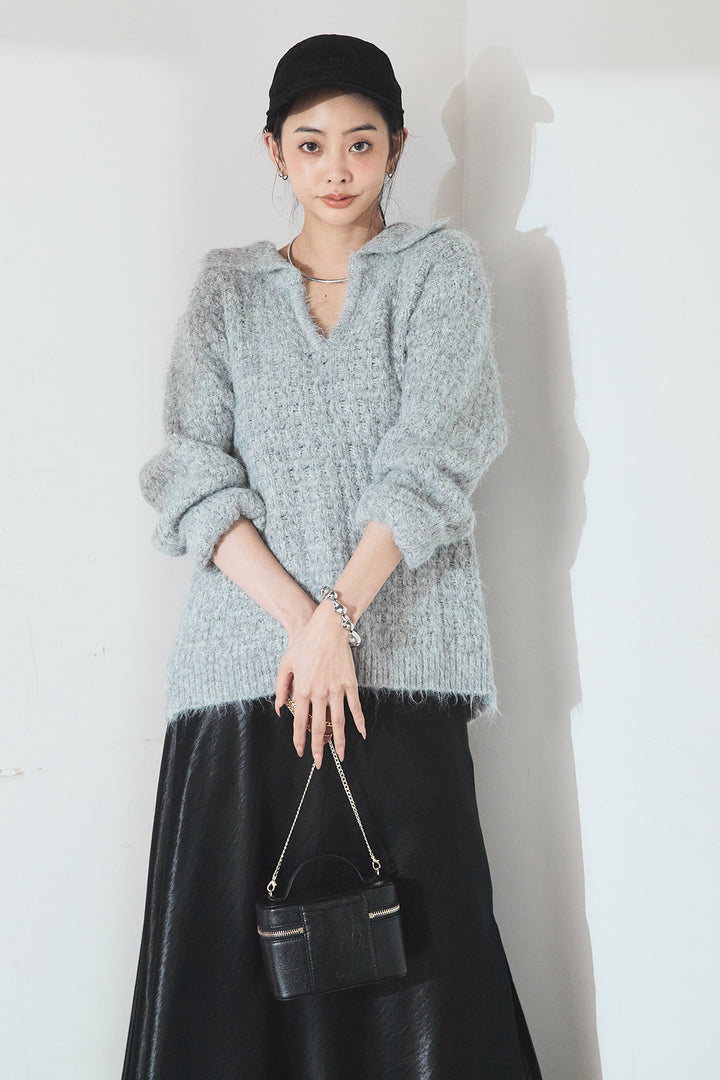 [SET]襟付きVネックニットトップス+裾レースデザインサテンスカート(2set)