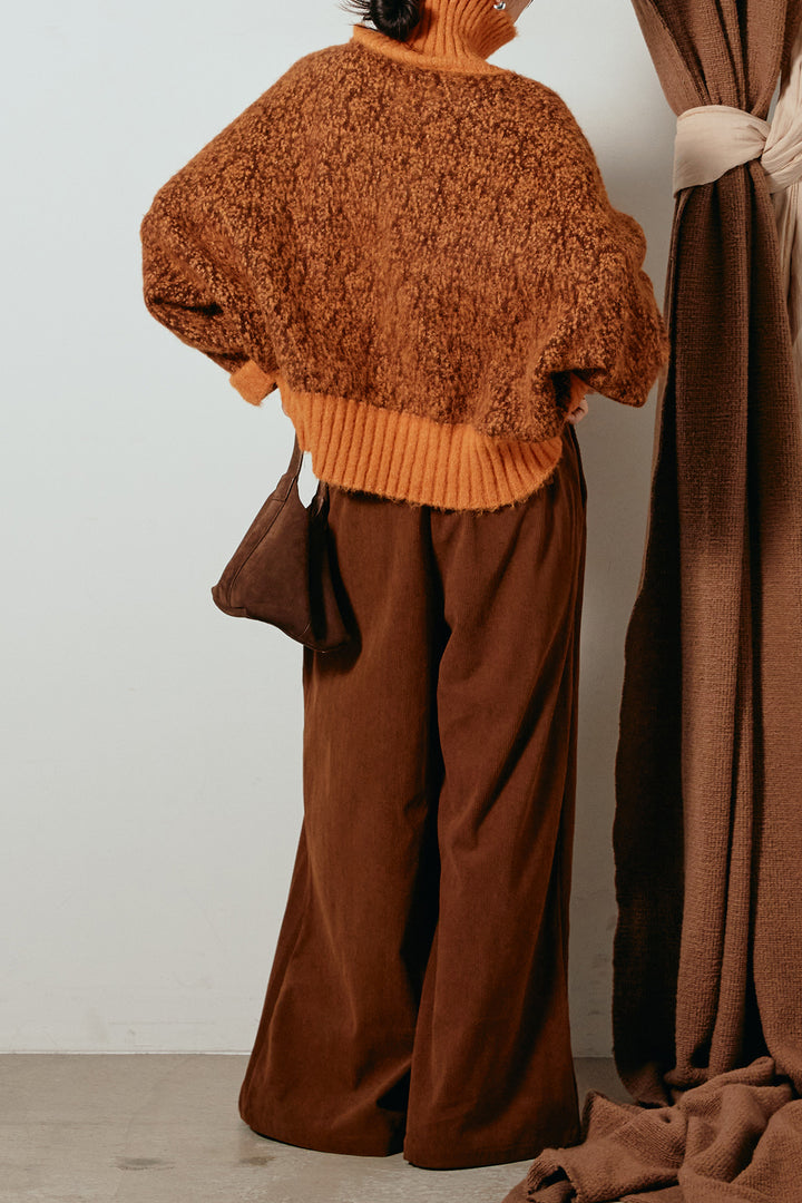 [SET]ハイネックミックスニットトップス+太ベルト付きコーデュロイタックパンツ(2set)