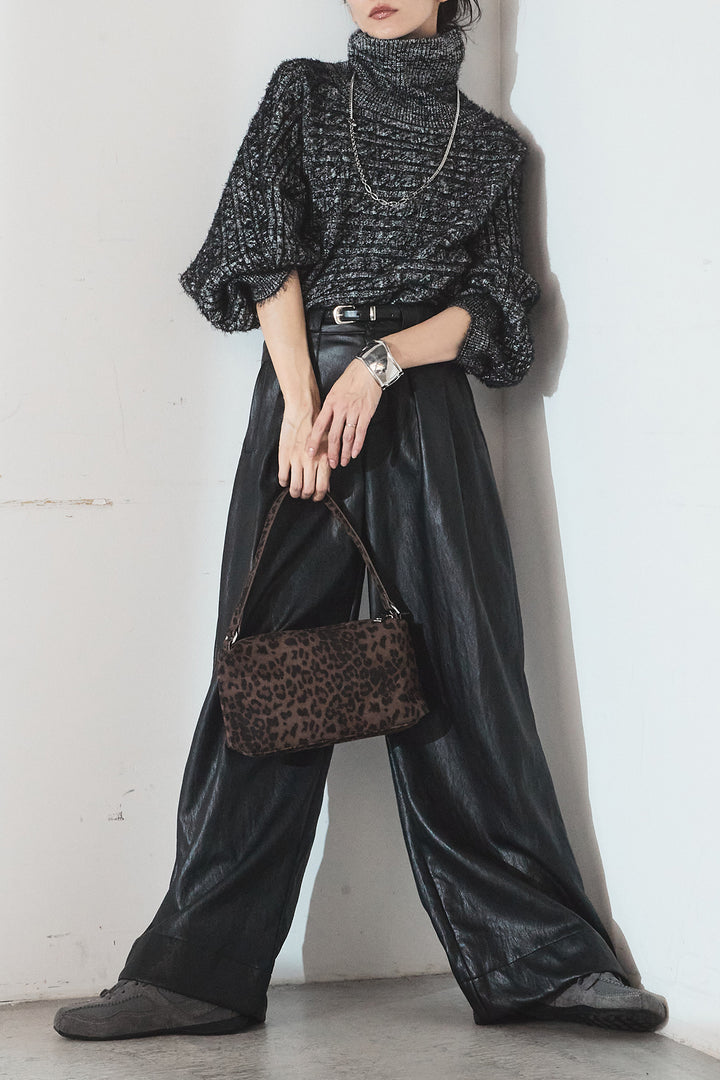 [SET]ミックス編みドルマンニットトップス+ベルト付きレザーライクタックパンツ(2set)