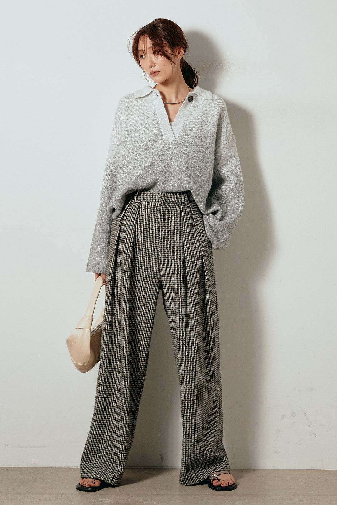 [SET]グラデーションラメニットキーネックプルオーバー+ガンクラブチェックタックパンツ(2set)