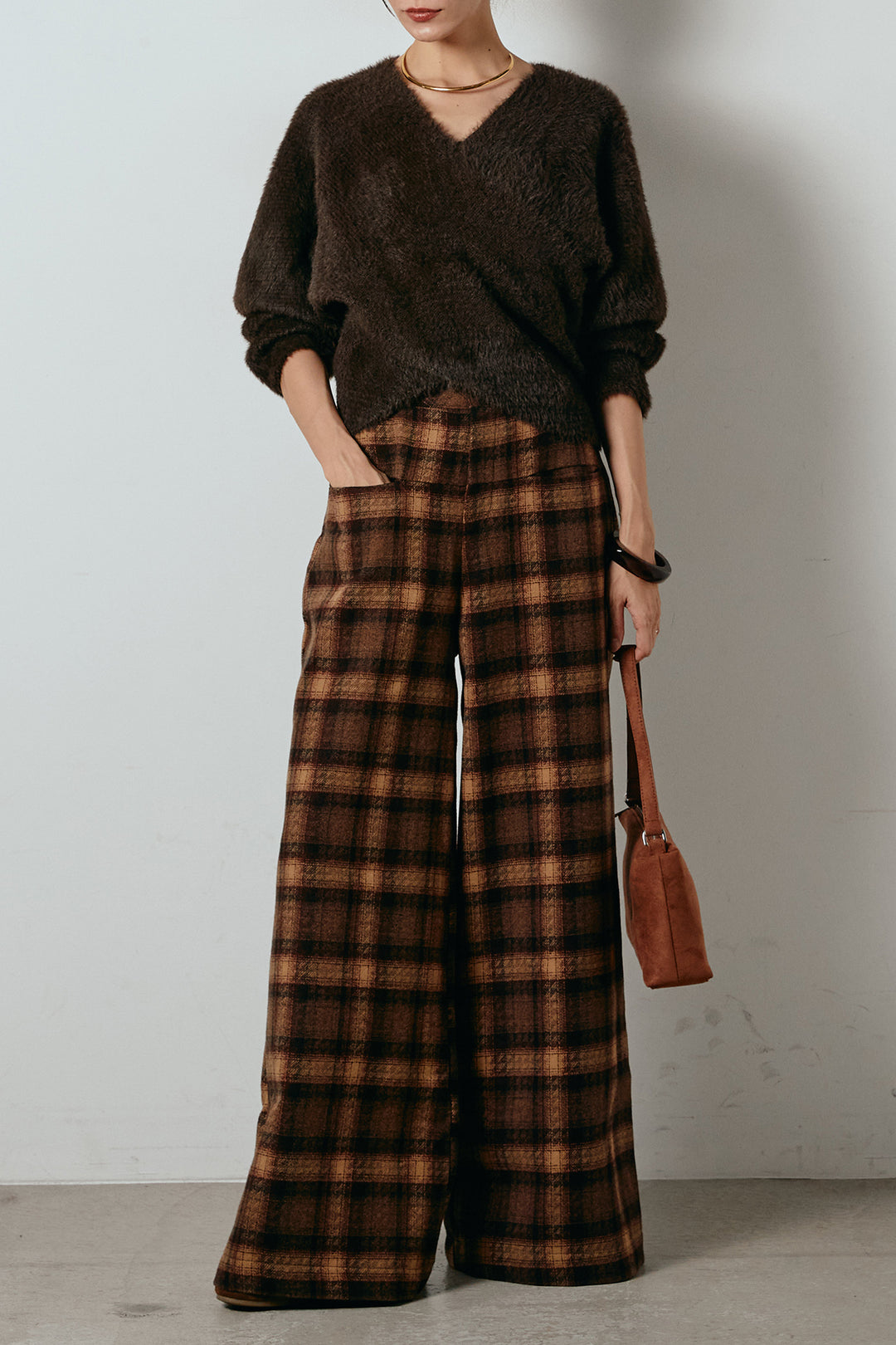 [SET]シャギーカシュクールニットトップス+ルーズタータンチェックワイドパンツ(2set)