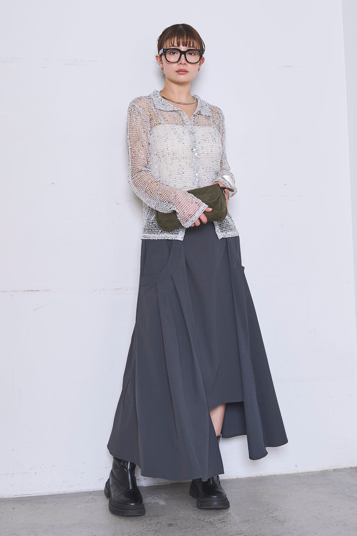 [SET]ネップメッシュポロ襟カーディガン+ラップレイヤードアシンメトリーデザインスカート(2set)