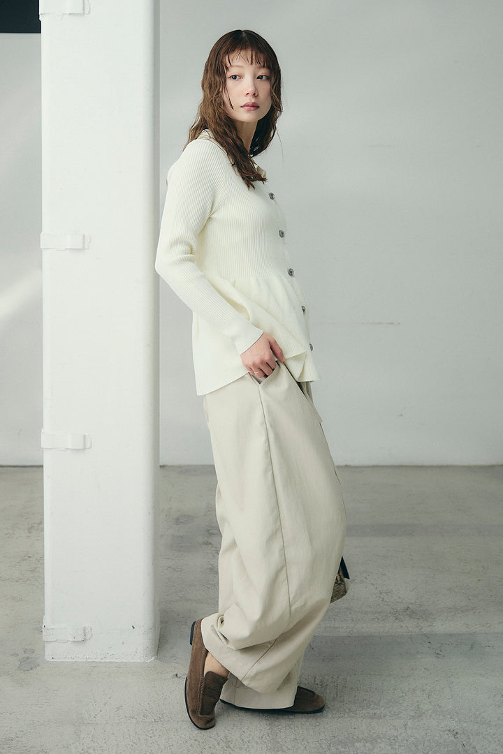 [SET]スキッパーペプラムニット+フェイクレザーカーブワイドパンツ(2set)