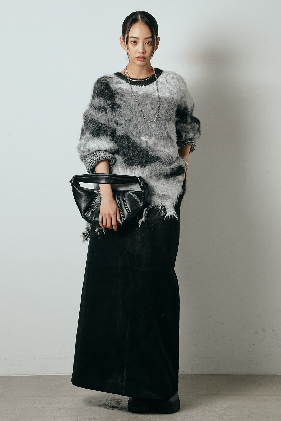 [SET]起毛裾デザインニュアンス柄ニットトップス+エコスウェードワイドスカート(2set)