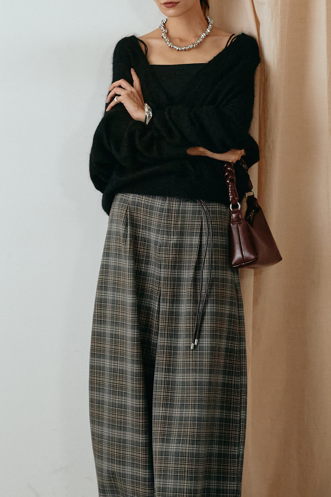 [SET]カシュクールデザインニット+編みベルト付きタータンチェックワイドパンツ(2set)