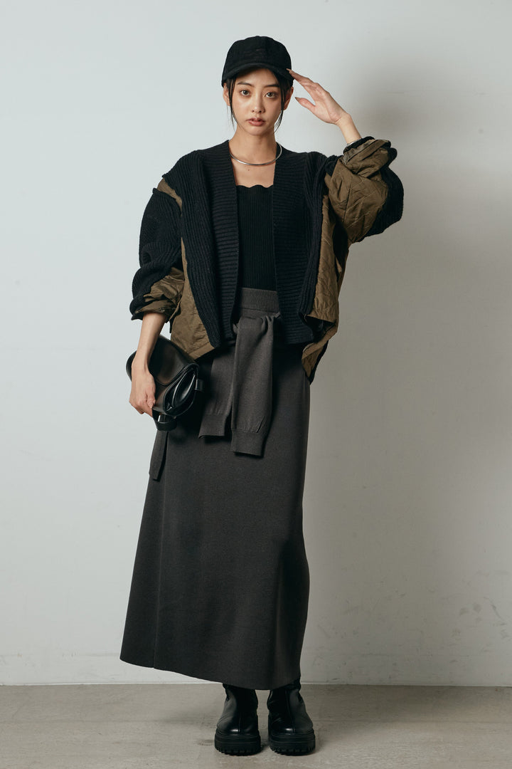 [SET]キルティング切り替えニットカーディガン+ウエストラップ巻きニットスカート(2set)