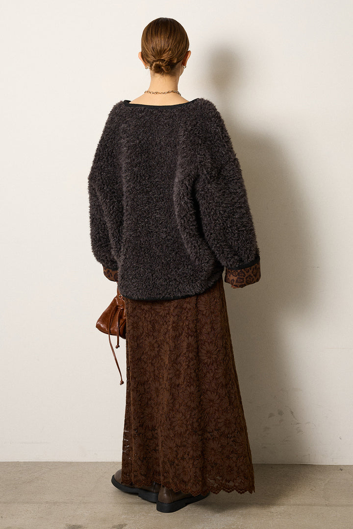 [SET]ノーカラー裏地レオパードボアアウター+花柄刺繍ベロアフレアスカート(2set)