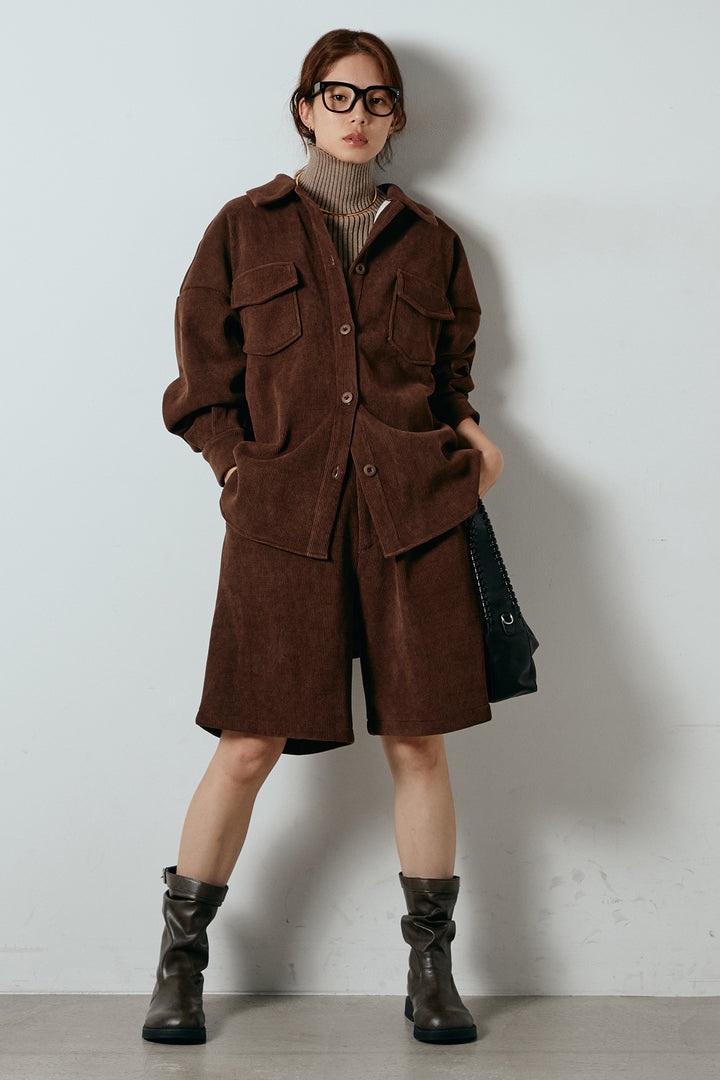 [SET]襟付きコーデュロイポケットシャツ+リブニットシームレスタートルプルオーバー+リラックスコーデュロイハーフパンツ(3set)