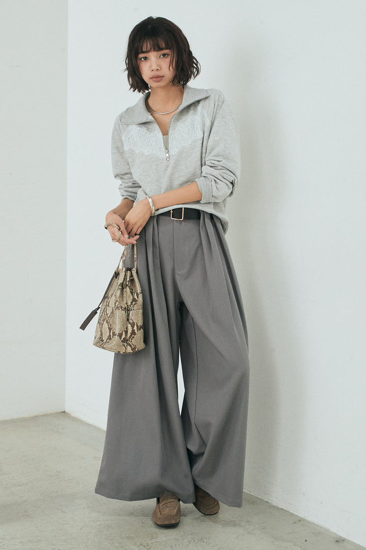 [SET]リバーレースハーフジップ裏毛スウェット+ベルト付きタックデザインハイウエストロングパンツ(2set)