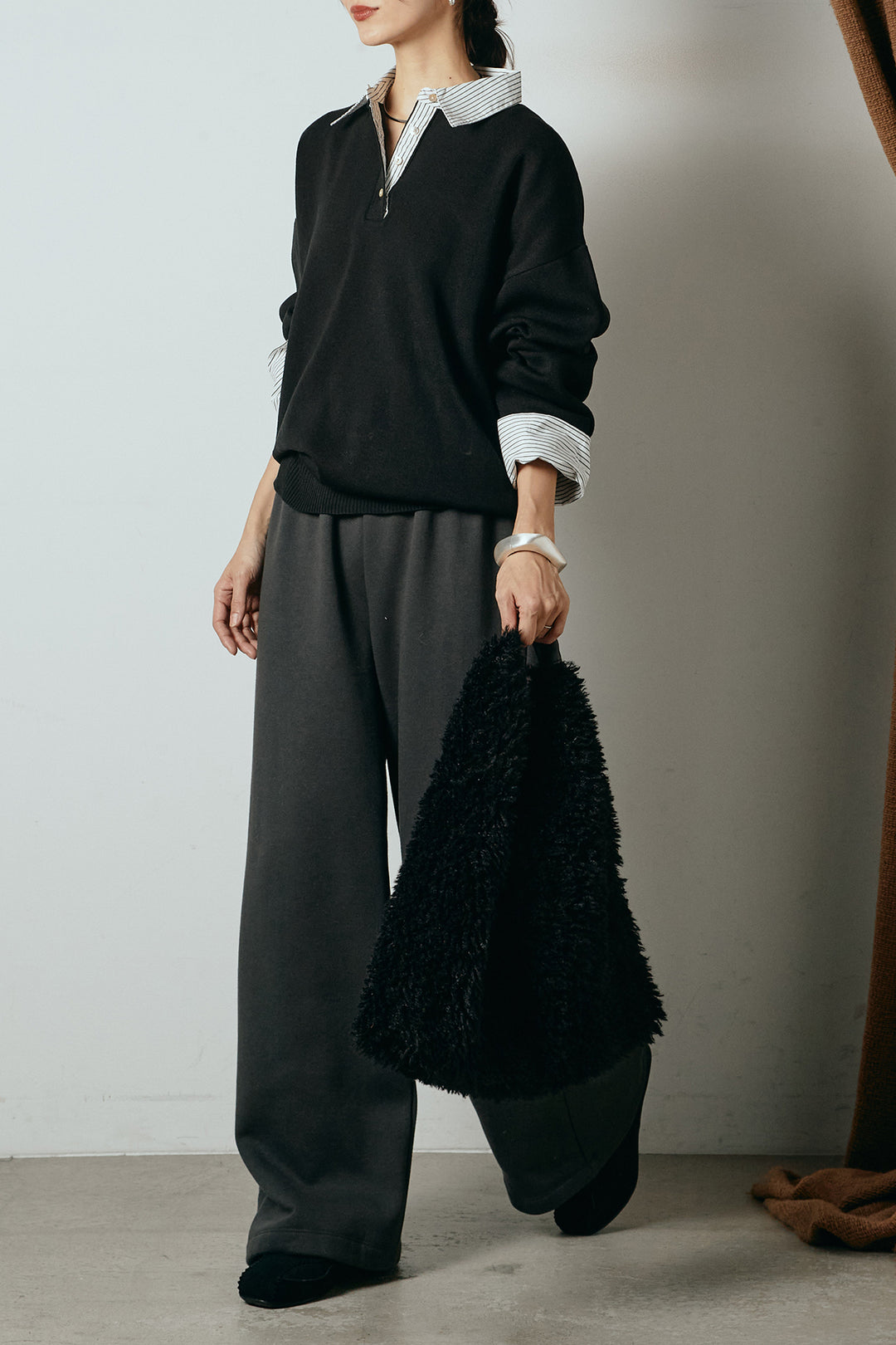 [SET]ストライプシャツドッキングポロトップス+裏起毛スウェットワイドパンツ(2set)