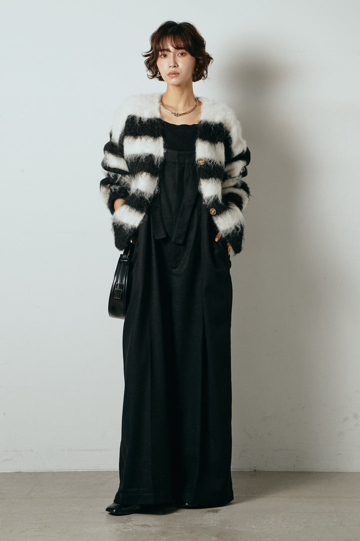 [SET]シャギーボーダー柄ニットカーディガン+ウール混フランネルワイドサロペット(2set)