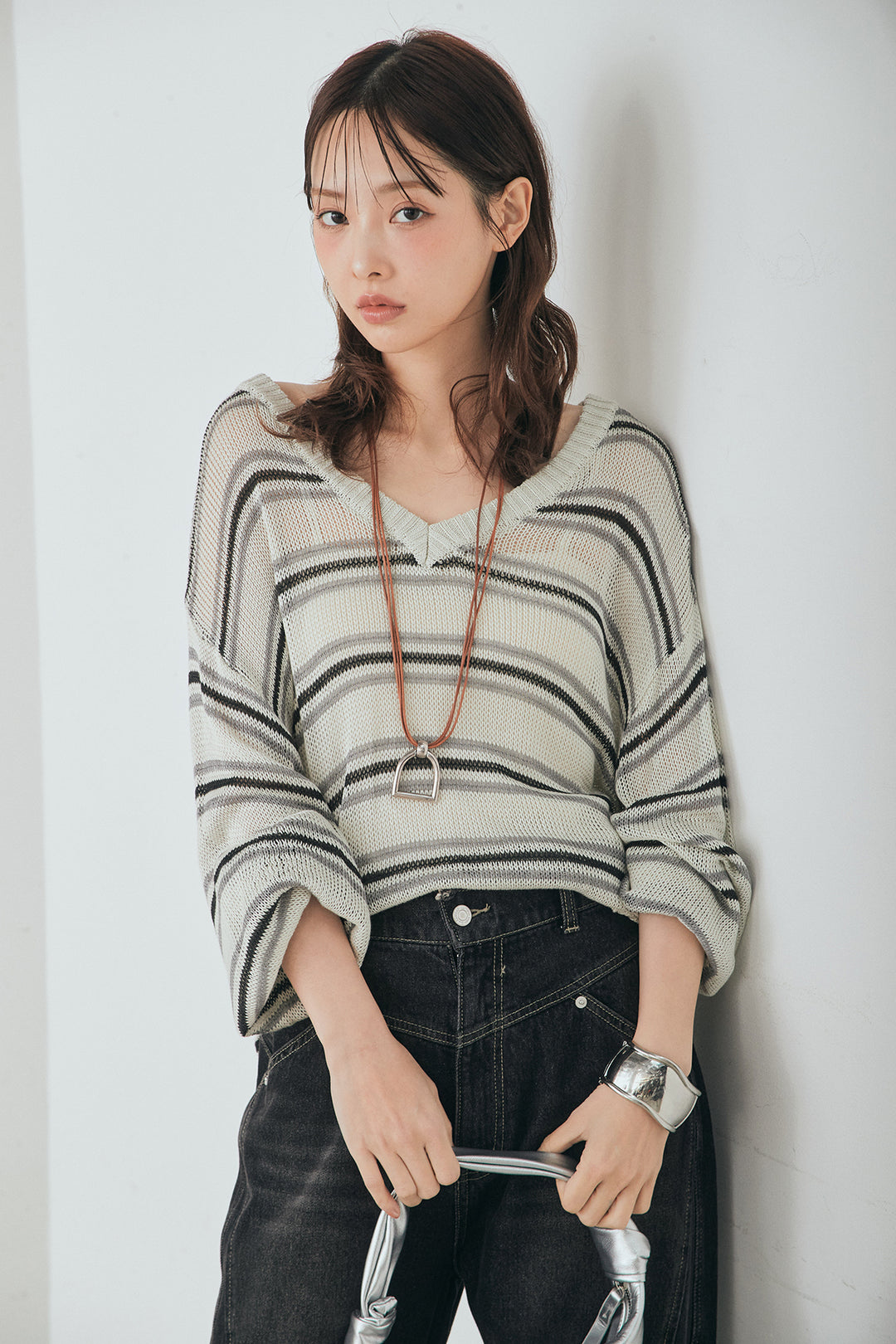 [SET]綿タッチVネックボーダートップス+デニムヨークパンツ(2set)