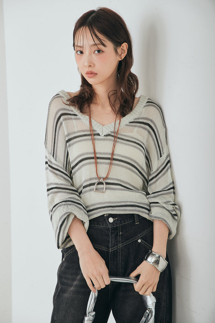 [SET]綿タッチVネックボーダートップス+デニムヨークパンツ(2set)