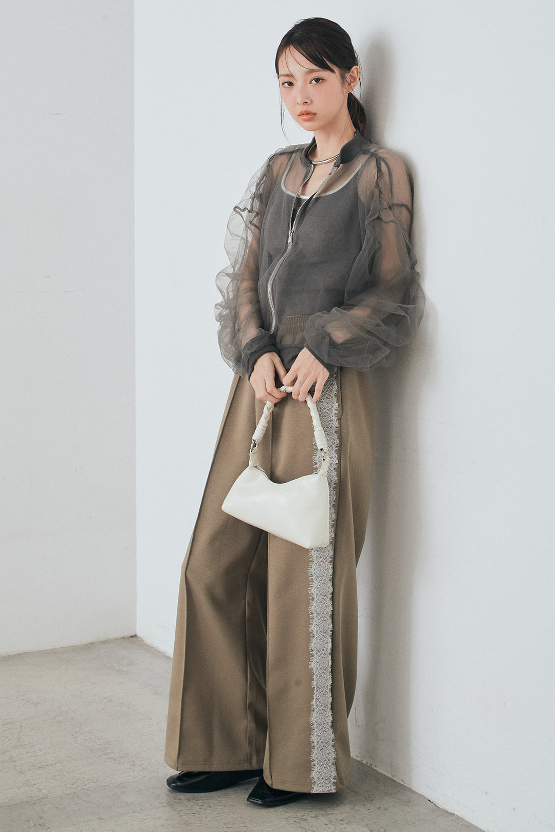 [SET]エアリーチュールスリーブシアーブルゾン+Wフェイスカットソーサイドレースラインパンツ(2set)