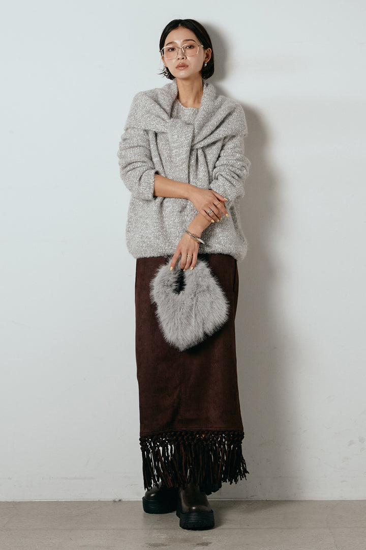 [SET]スカーフ付きミックスニットトップス+スウェードライク裾フリンジスカート(2set)