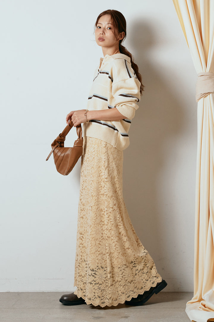 [SET]襟付きマルチボーダーニットポロトップス+花柄刺繍ベロアフレアスカート(2set)