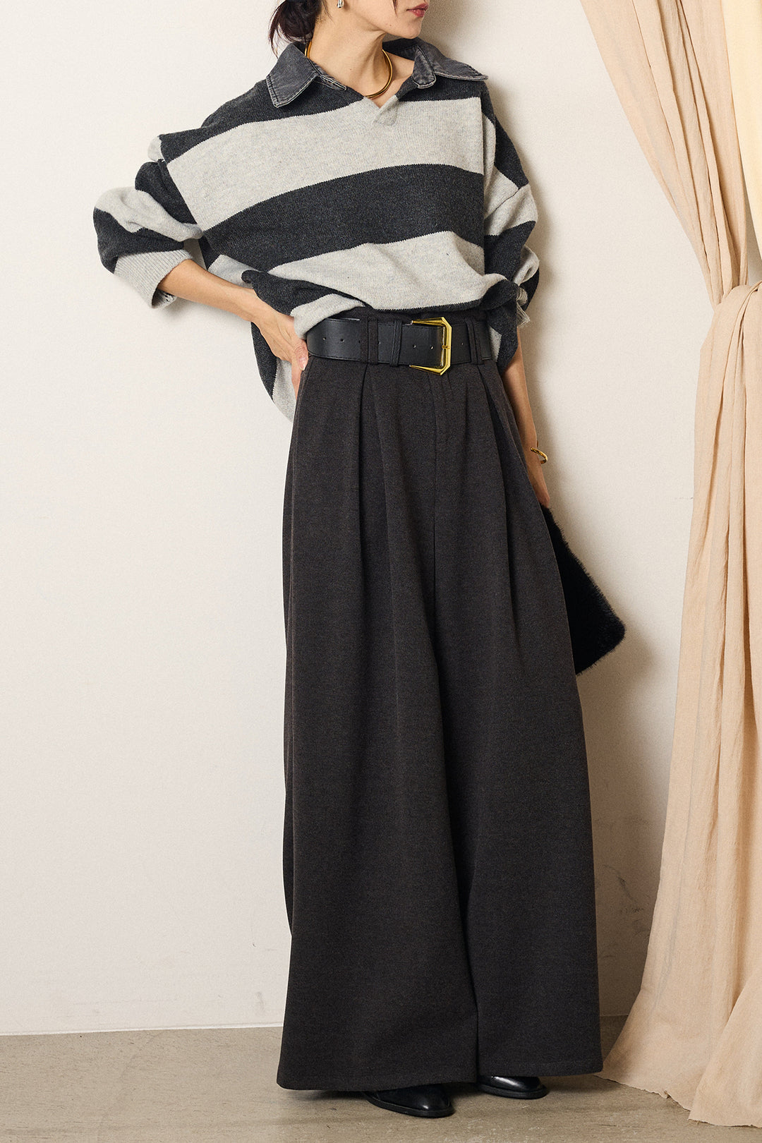 [SET]デニムカラーボーダールーズニット+ゴールドバックル太ベルト付きワイドパンツ(2set)