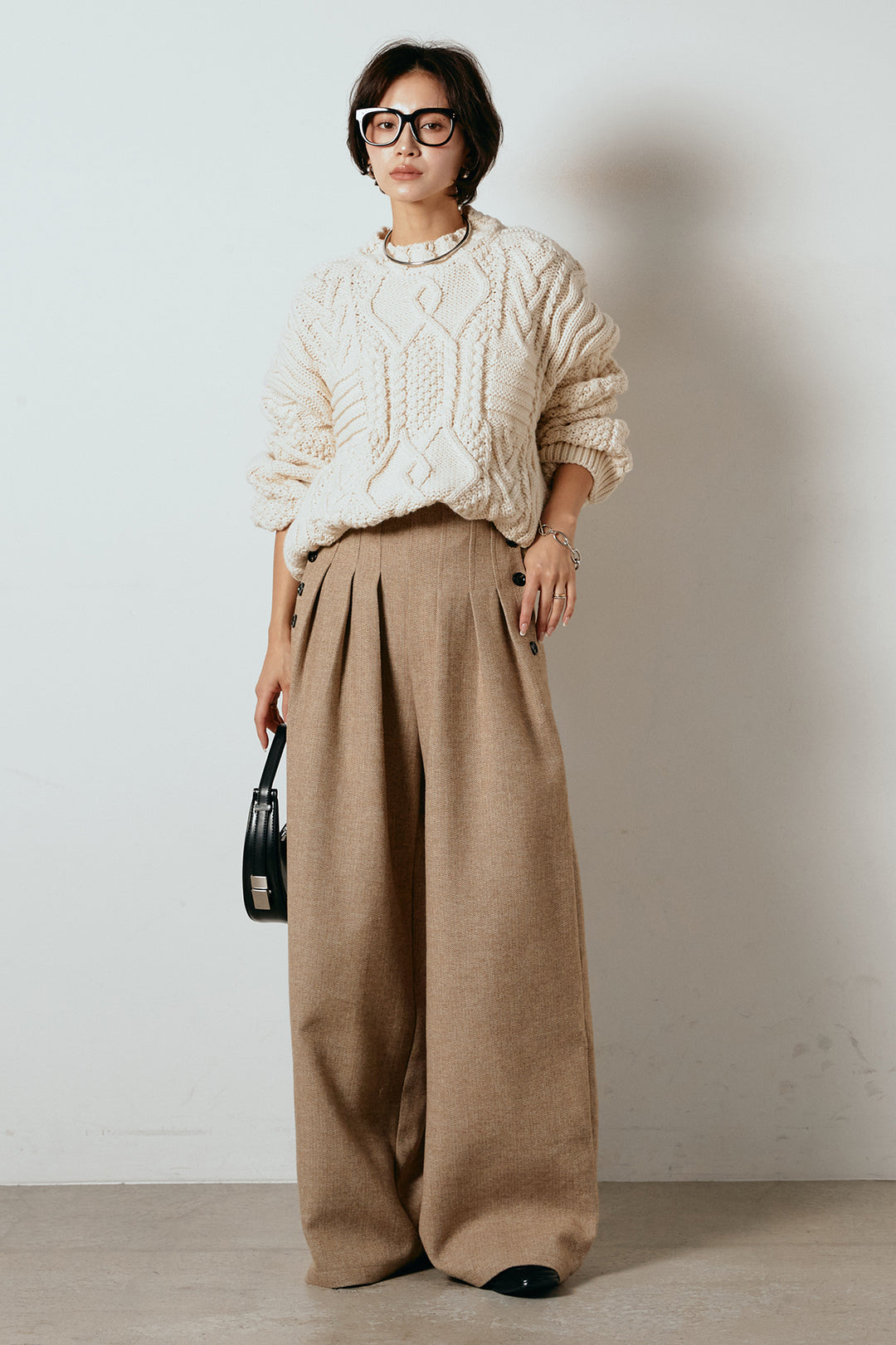 [SET]アラン柄ミックスケーブルニット+サイドボタンツイードタックパンツ(2set)