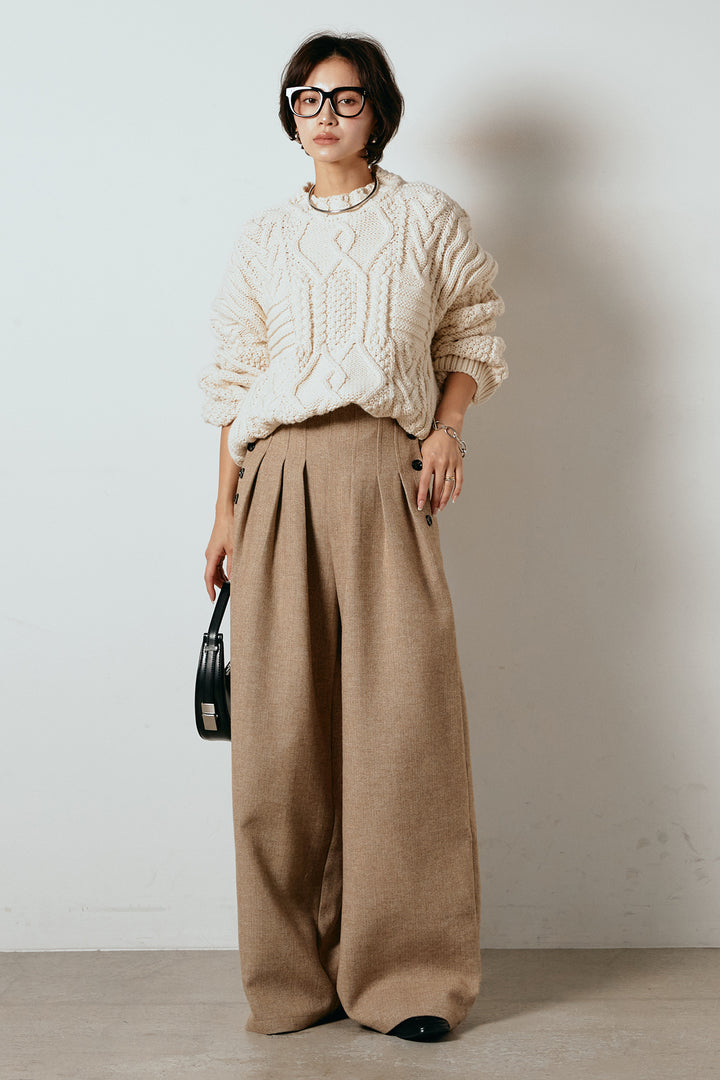 [SET]アラン柄ミックスケーブルニット+サイドボタンツイードタックパンツ(2set)