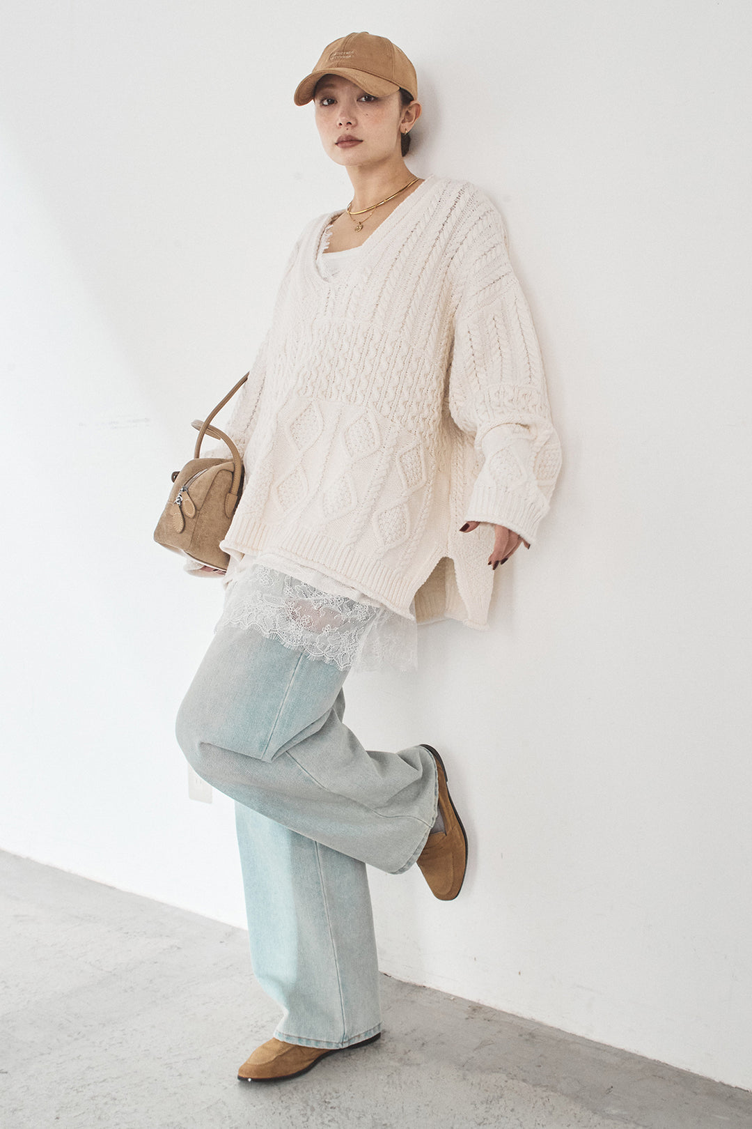 [SET]ケーブルVニットセーター+デニムサイドカットパンツ(2set)