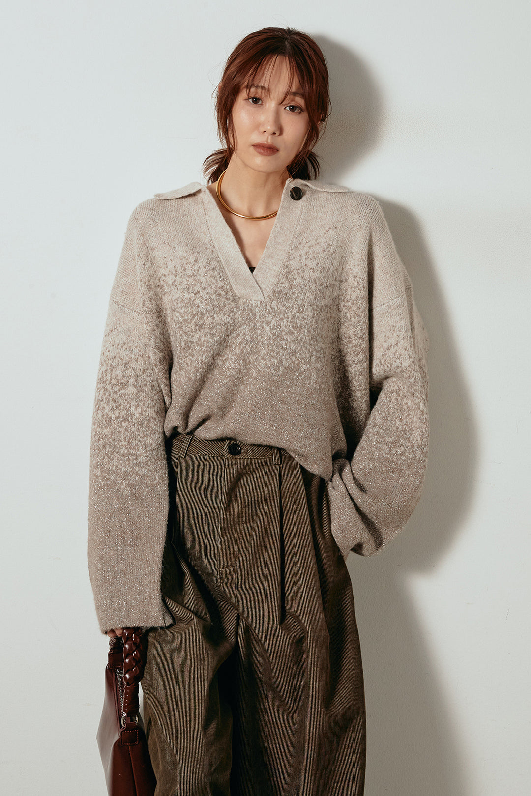 [SET]グラデーションラメニットキーネックプルオーバー+フロントタック入りコーデュロイパンツ(2set)