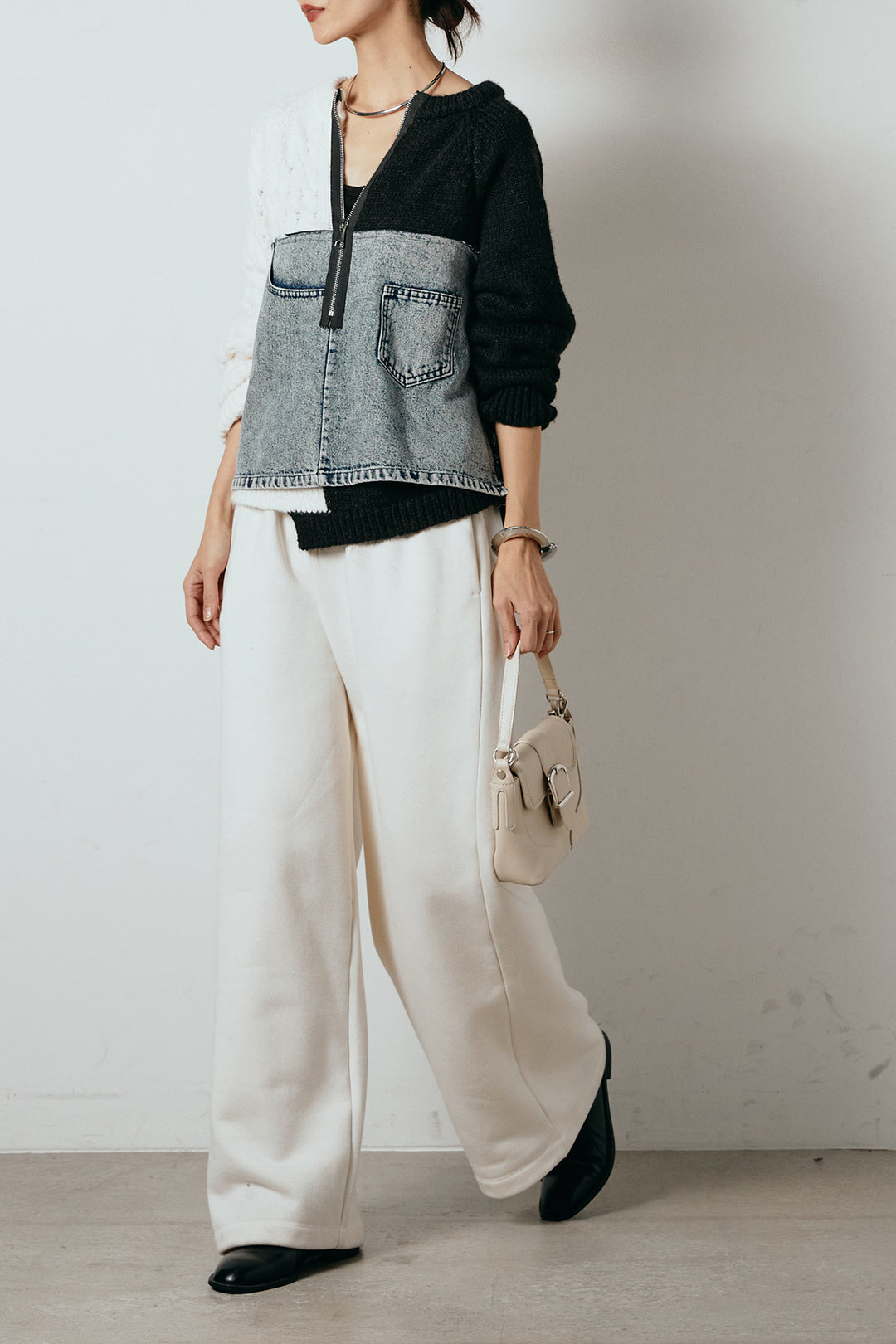 [SET]ハーフジップニットデニムドッキングトップス+裏起毛スウェットワイドパンツ(2set)