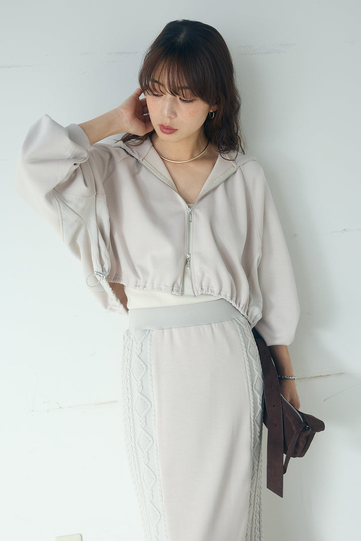 [SET]ドルマンショートフーディー+異素材ドッキングケーブルニットスカート(2set)