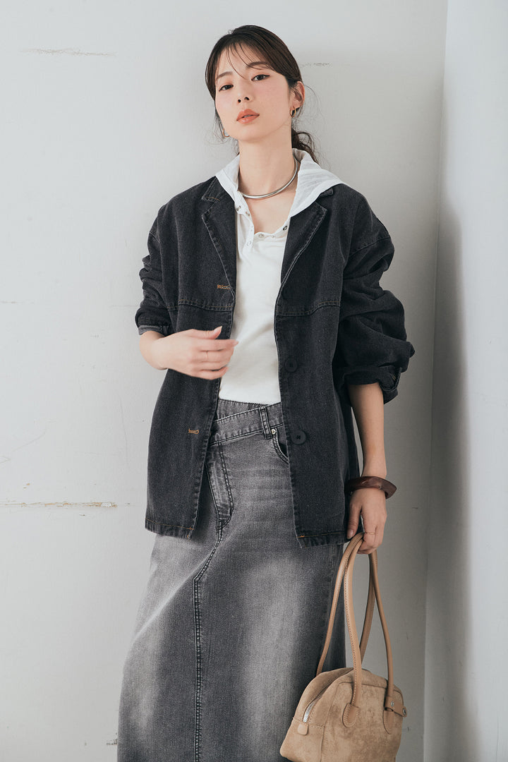 [SET]オーバーデニムジャケット+ウエストクロスデニムタイトスカート+シアーリブフーディプルオーバー(3set)