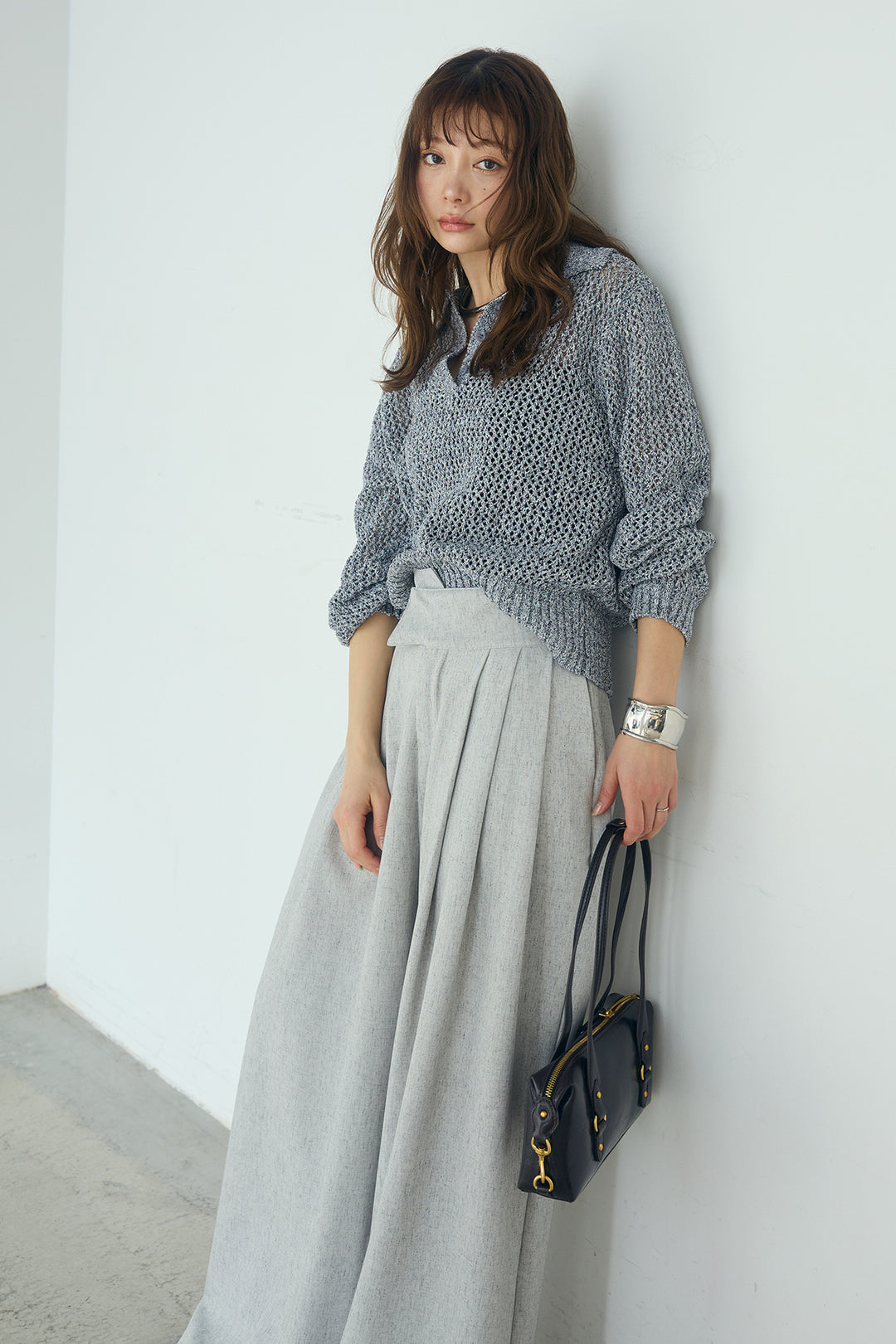 [SET]ミックスメッシュポロニット+麻混タックワイドパンツ(2set)