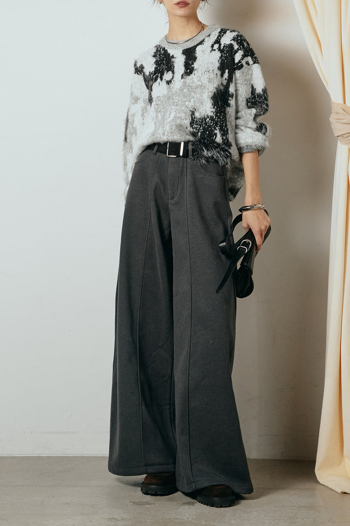 [SET]起毛ニュアンス柄ニットプルオーバー+ファーベルト付きワイドパンツ(2set)