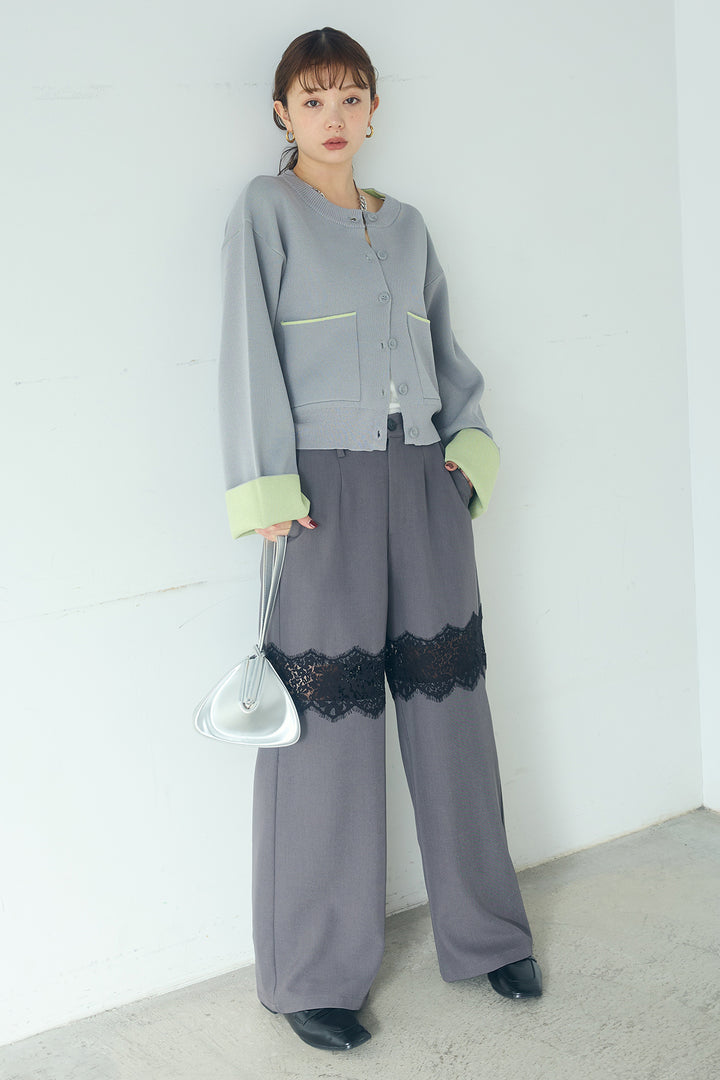 [SET]レーヨンポリダブルフェイスカーディガン+レース刺繍切替ワイドパンツ(2set)