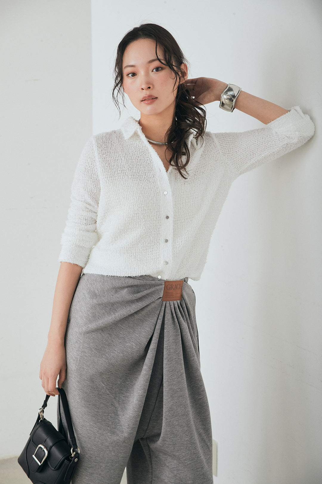 [SET]カールヤーンシャツ+ライトダンボールウェーブラインドレープパンツ(2set)