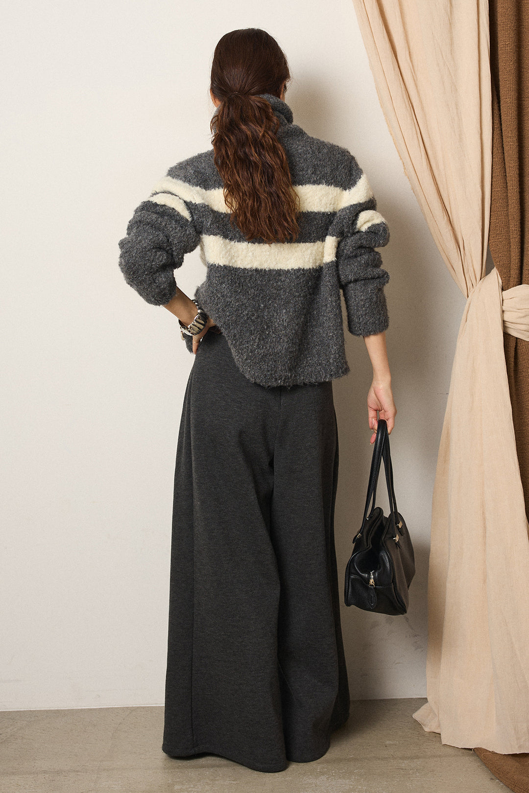 [SET]ハイネックボーダーニットカーディガン+フェイクレザー太ベルト付きタックワイドパンツ(2set)