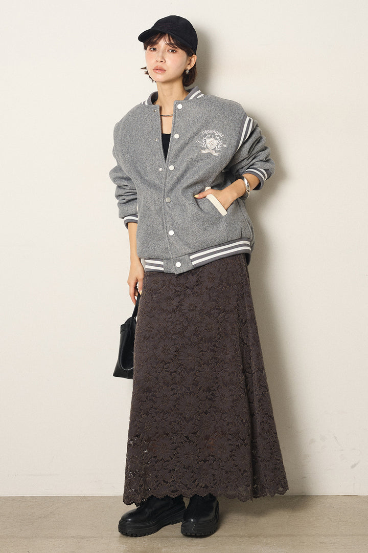 [SET]ワンポイントデザインブルゾン+花柄刺繍ベロアフレアスカート(2set)